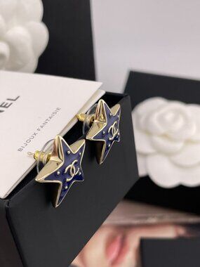 Cha nel Navy Star CC Logo Gold Enamel Stud Earrings 100% Authentic